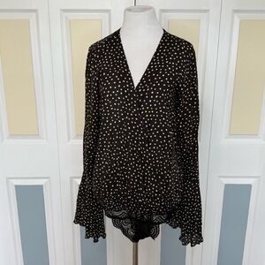 Free People Bodysuit Women’s Size Medium Black V-neck Polka Dot Lace Trim